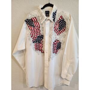 Puritan Men’s Patriotic American Flag Embroidered Shirt XL White Long Sleeve...
